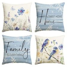 4 Pack Spring Flowers Butterfly Bird Throw Pillow Covers 18 x 18 NO INSERT