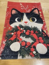 Tuxedo Cat With Wreath Burlap Garden Flag 12  X 18  Double Sided