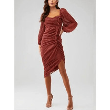 ASTR The Label Athens Ruched Puff Sleeve Burnout Velvet Midi dress