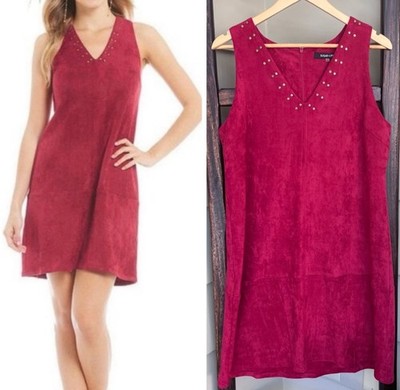 Sugar Lips Studded Mini Western Shift Faux Microsuede Dress Large Red Burgundy