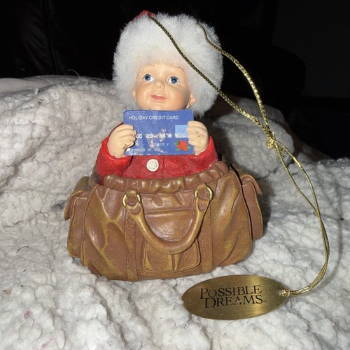 Vtg Dept 56 Possible Dreams Clothtique Baby In A Bag W/ Credit Card Ornament! 4”
