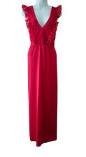 Vintage red satin long nightgown by Val Mode side slit Medium