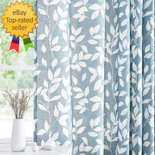 Blue White Curtains for Studio Living Room 54 Length Leaves Print Semi Sheer