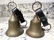 VINTAGE Large 3" Brass Cow Sheep Bells w/ Leather Strap & OG Patina Sleigh Bells