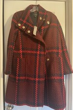 Nwt Ann Taylor Plaid Coat Wool Blend Funnel Neck Red/blue/burgundy Woman’s Sz Lp