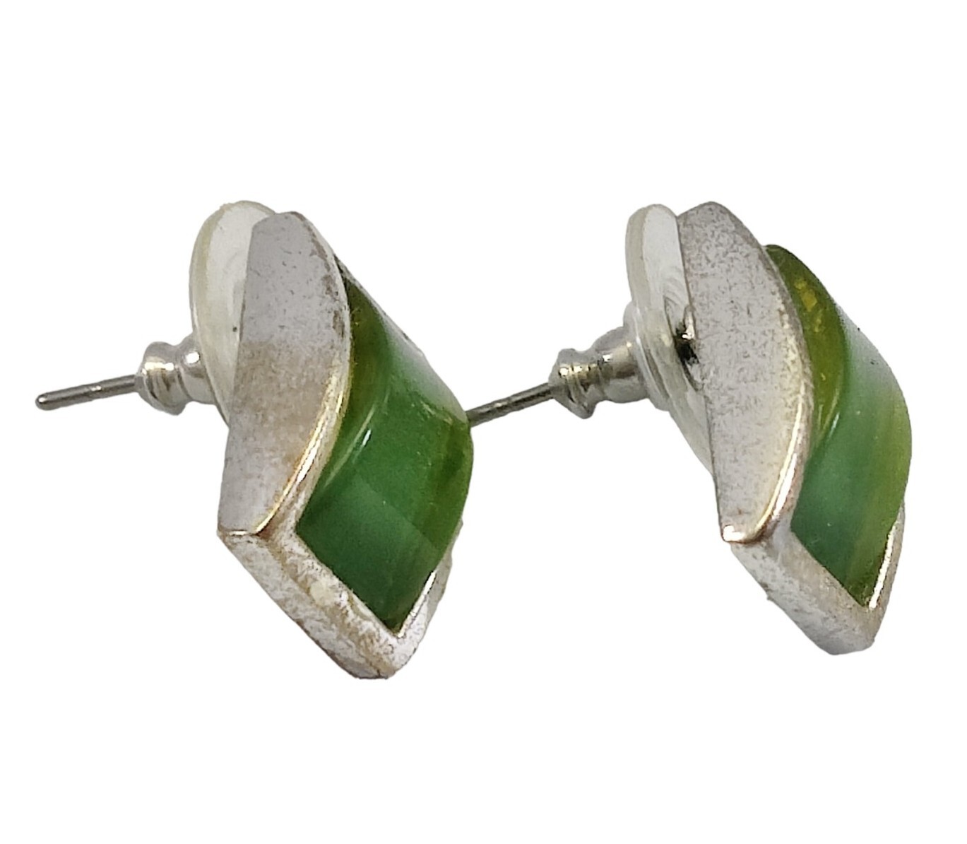 Silver Tone Earrings Stud Rectangle Cabochon Gree… - image 4