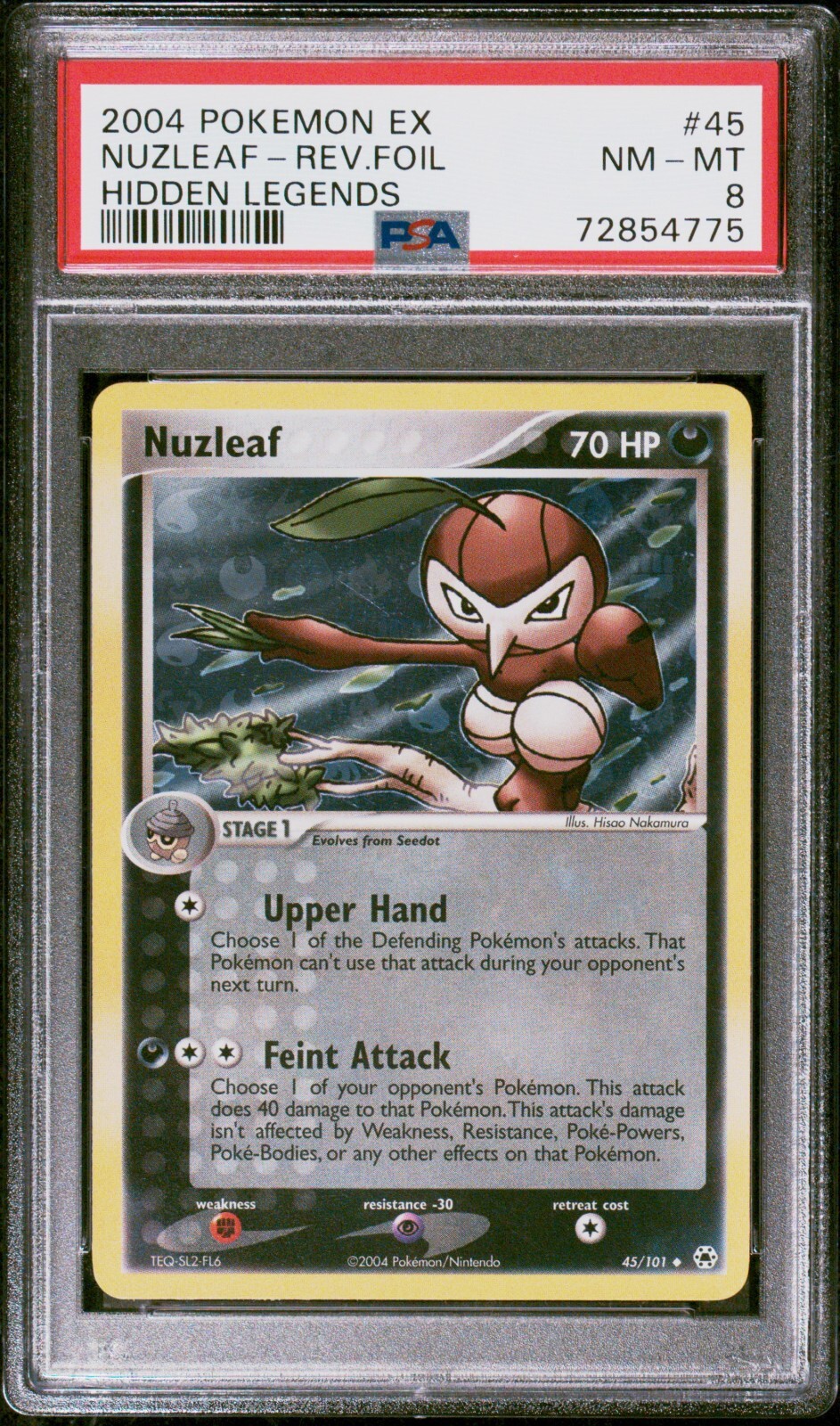 Pokemon Card Nuzleaf 45/101 Reverse Holo EX Hidden Legends PSA 8 NM-MT