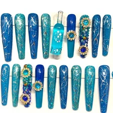 Handmade Press On Nails 2X Long Coffin Custom Hypnotic Blue Nails Full Set