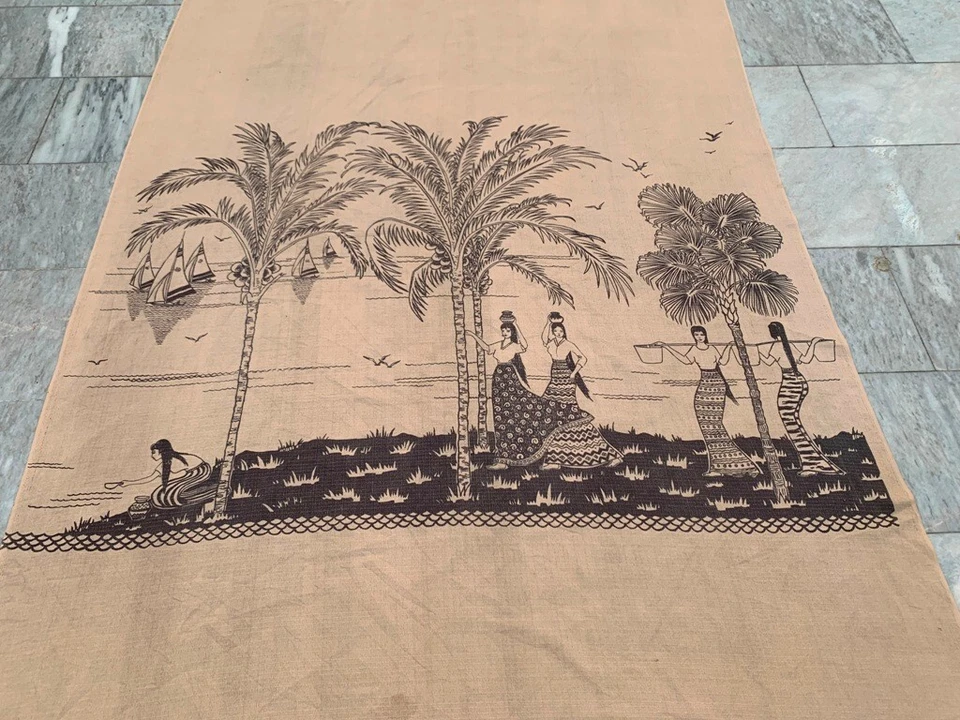 Vintage Hand Printed Palm Trees Pictorial Curtain Elegant Home Decor 5x8 ft - Imagem 2 de 4