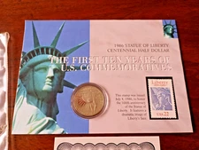 1986 Statue of Liberty Commemorative Proof half dollar (toned) and stamp set