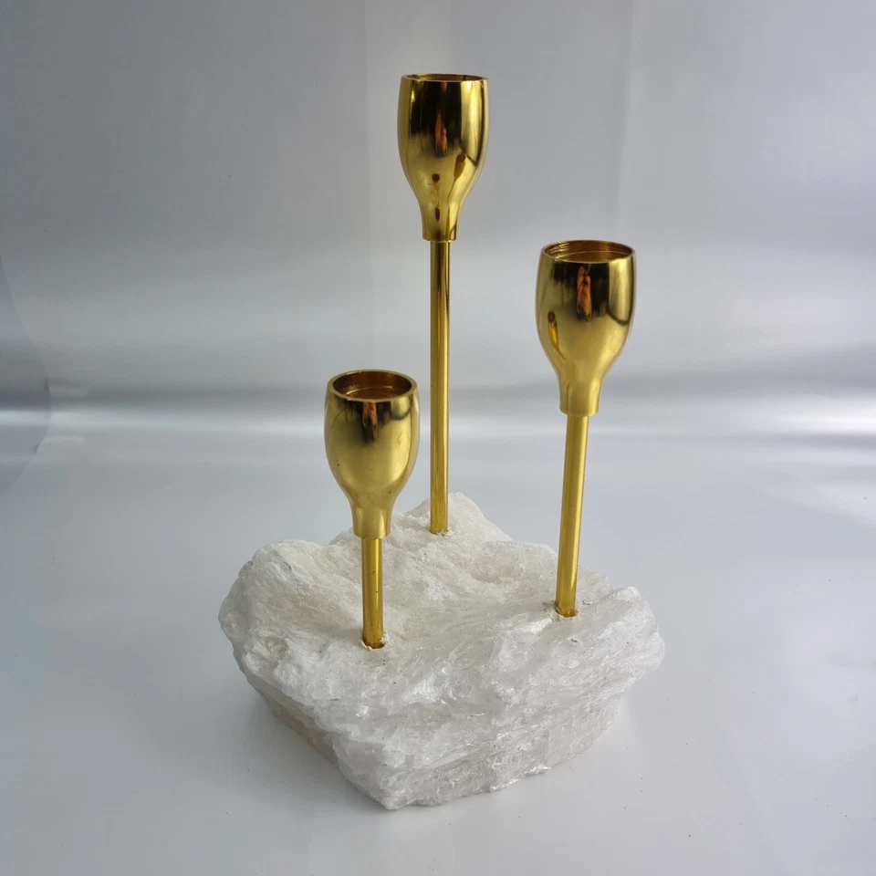 vintage mid century modern copper candle holder on quartz stone base 3 arm retro - Image 3 of 4