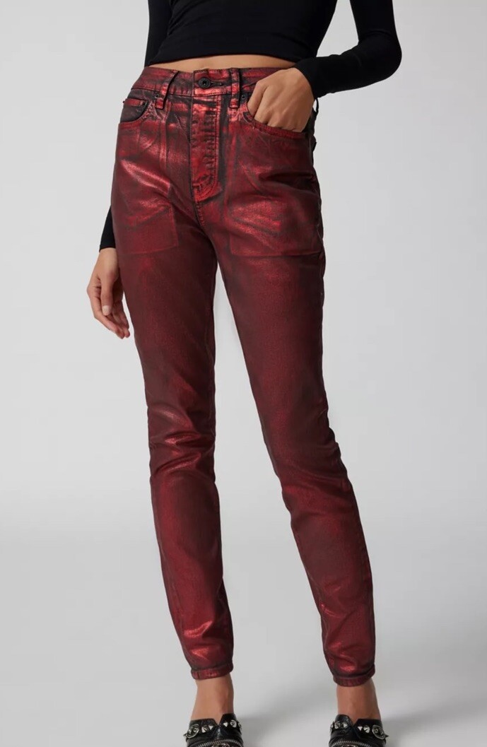 Urban Outfitters Neon Denim Cherry Coated Skinny Jean Metallic Red Black 28  NWT