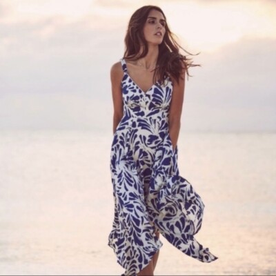 Alexis Asymmetrical Hem Midi Dress Size XXS Sleeveless Blue Botanical Print NWT