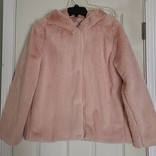 Pink Platinum Faux Fur Coat Jacket Sz Large Hooded Button Up Pockets Lined Warm