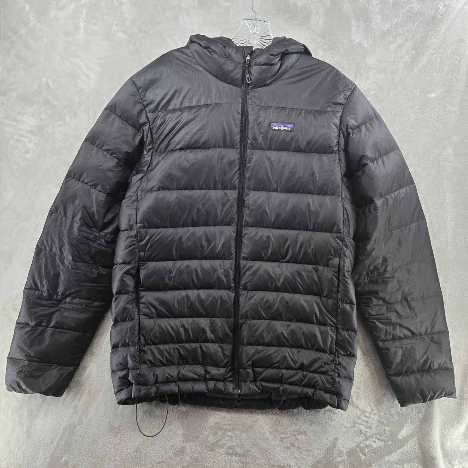 Patagonia Hi loft Down Hoody Mens Medium Black Puffer Jacket Full Zip Hooded