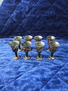 SET OF 10 ANTIQUE CHINESE HAND CARVED JASPER/SPINACH JADE WINE CUPS w/ Orig Box
