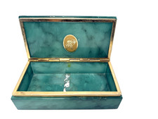 Vintage Neiman Marcus Made In Italy Emerald Green Alabaster Box with Brass Trim