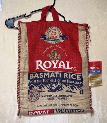 Royal Basmati Rice Bag 20lbs Burlap Handles Zipper Heavy Duty 25th Anniv No Rice