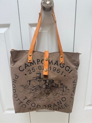 Campomaggi Genziana tote bag in taupe canvas with ''Teodorano'' print
