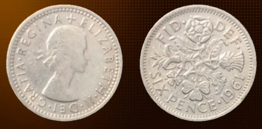 Gran Bretaña 1961 🇬🇧 Reino Unido 6 peniques de la suerte 🍀 moneda de boda.  Queen Elizabeth ll Foto 3 de 3