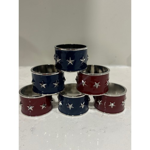 Pottery Barn Patriotic Americana Star Napkin Rings Red Blue Silver 4th July