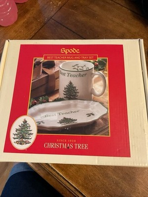 Spode Christmas Tree Best Teacher Holiday Mug  AND Tray Gift Set In Box School