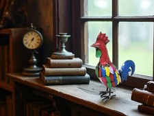 Rustic Small 9 Inch Tall Repurposed Scrap Metal Rooster Chicken Statue Home Farm