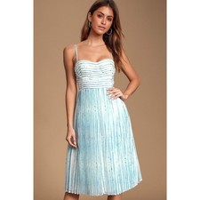 Lulu's "Summer in Santorini" Blue White Striped Corset A-Line Midi Dress Large