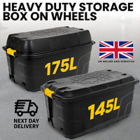 145L or 175L Large Storage Box on Wheels with Lid Heavy Duty Black