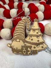 Wooden Christmas Gnome Ornament with Tree  Rustic Holiday Decor Gift Tag