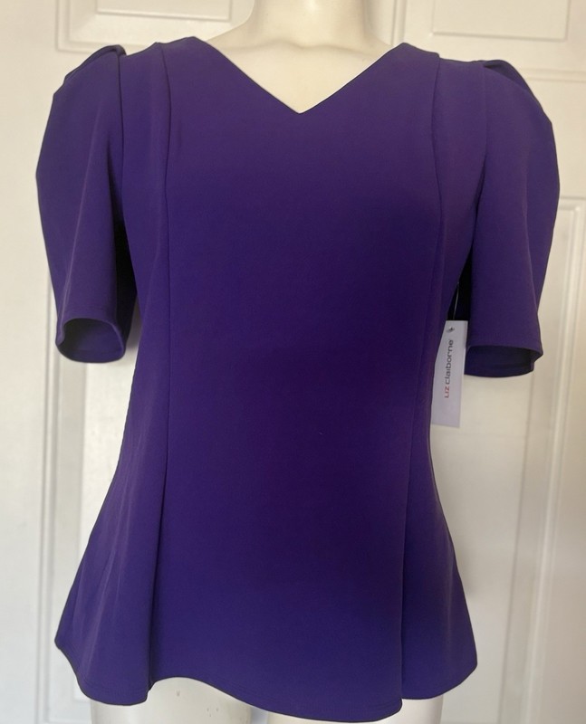 Liz Claiborne Purple Solid V-Neck Puff Sleeve Stretch Blouse Women's M