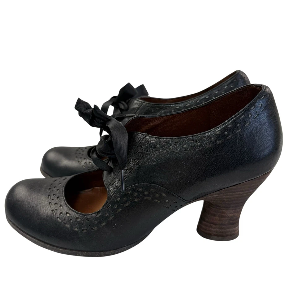 Naya Jada Mary Jane Pumps Black Leather Satin Laces Wooden Heel Shoes Size 8M US - Image 2 of 4
