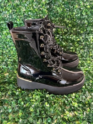 READY SALTED NEW SEASON ON TREND BLACK PATENT WITH GOLD ACCENTS EYELETS HEEL CLIP LACE UP ZIP