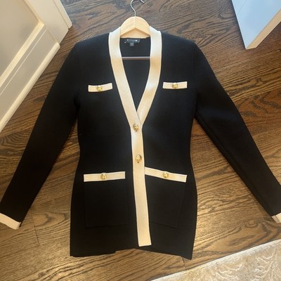  EXPRESS $168 BLACK TIPPED NOVELTY BUTTON SWEATER JACKET SZ S SMALL