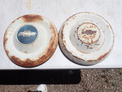 #ad 2 Original 1955 1956 Chevrolet Pickup Dog Dish Hubcaps Original Patina Apache $125.00