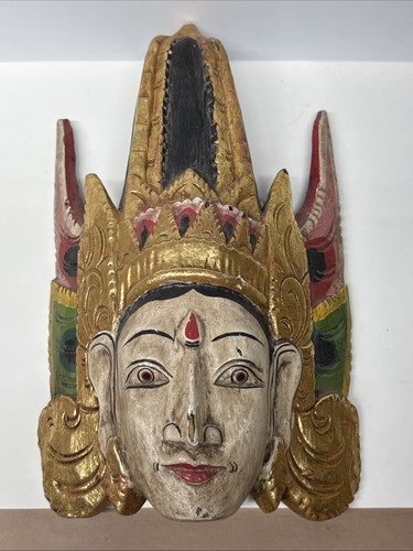 Masque indonésien bois sculpté Dewi Sinta dieu Rama Bali coloré ancien 13" - Photo 8/22