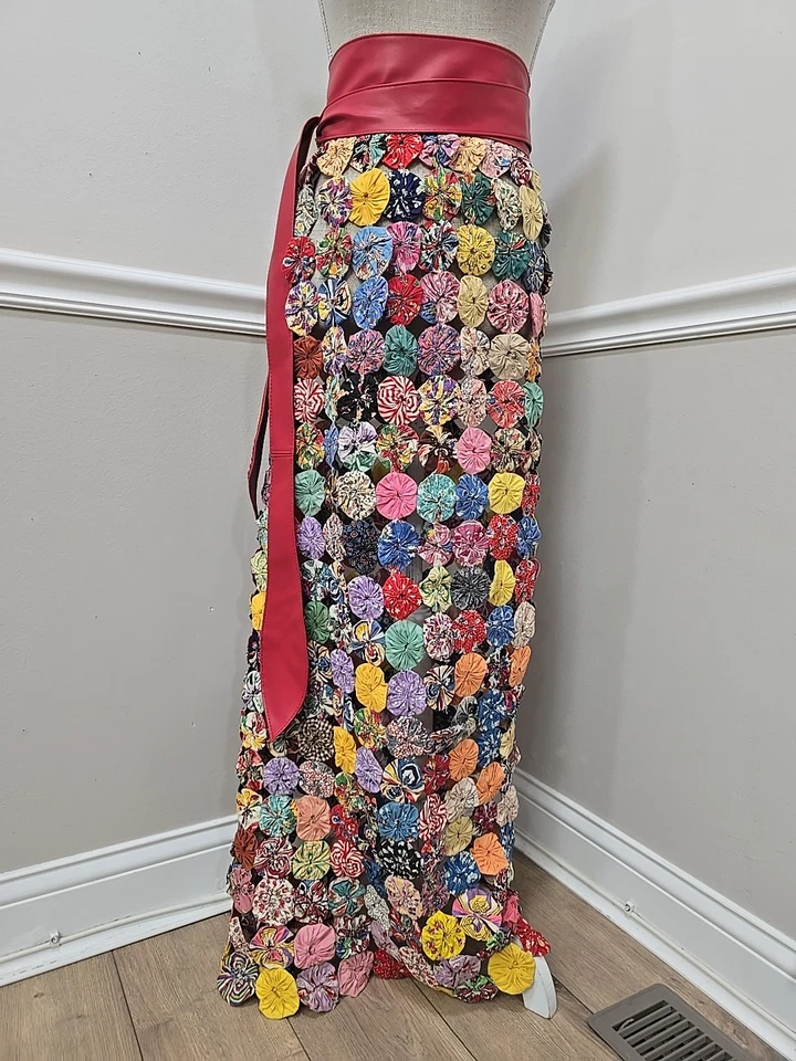 Vintage Yo-Yo Quilt Skirt Maxi Handmade Patchwork Cotton Fabric Circles Boho Art - Image 3 of 4