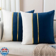 ZLINA Set of 2 Velvet Decorative Throw Pillow Covers Navy Blue White Patchwor
