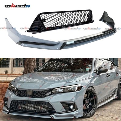 For 22-24 Honda Civic Yofer Sonic Gray Front Bumper Lip & Gloss Honeycomb Grille