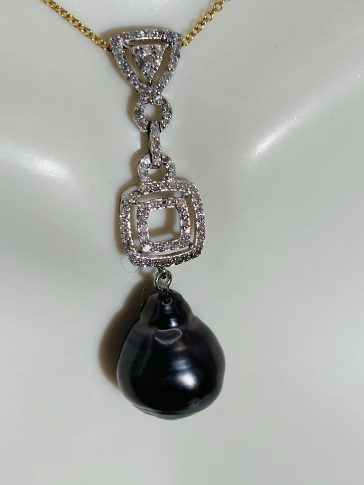 pearl necklace fine jewelry 14k natural pinctada black natural diamonds pendant - Image 4 of 4