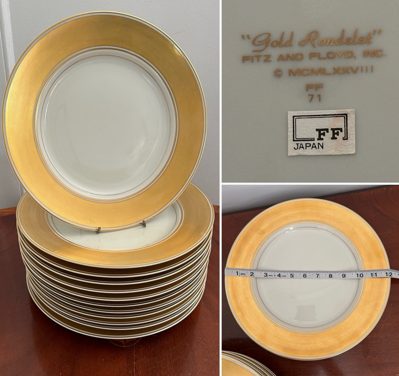 Vtg Set of 12 Fitz & Floyd GOLD RONDELET Large 12" Service Charger Dinner Plates