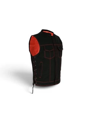Men Black Denim Biker Vest Red Stitching Side Lace Motorcycle Riding Club - Image 1 of 3