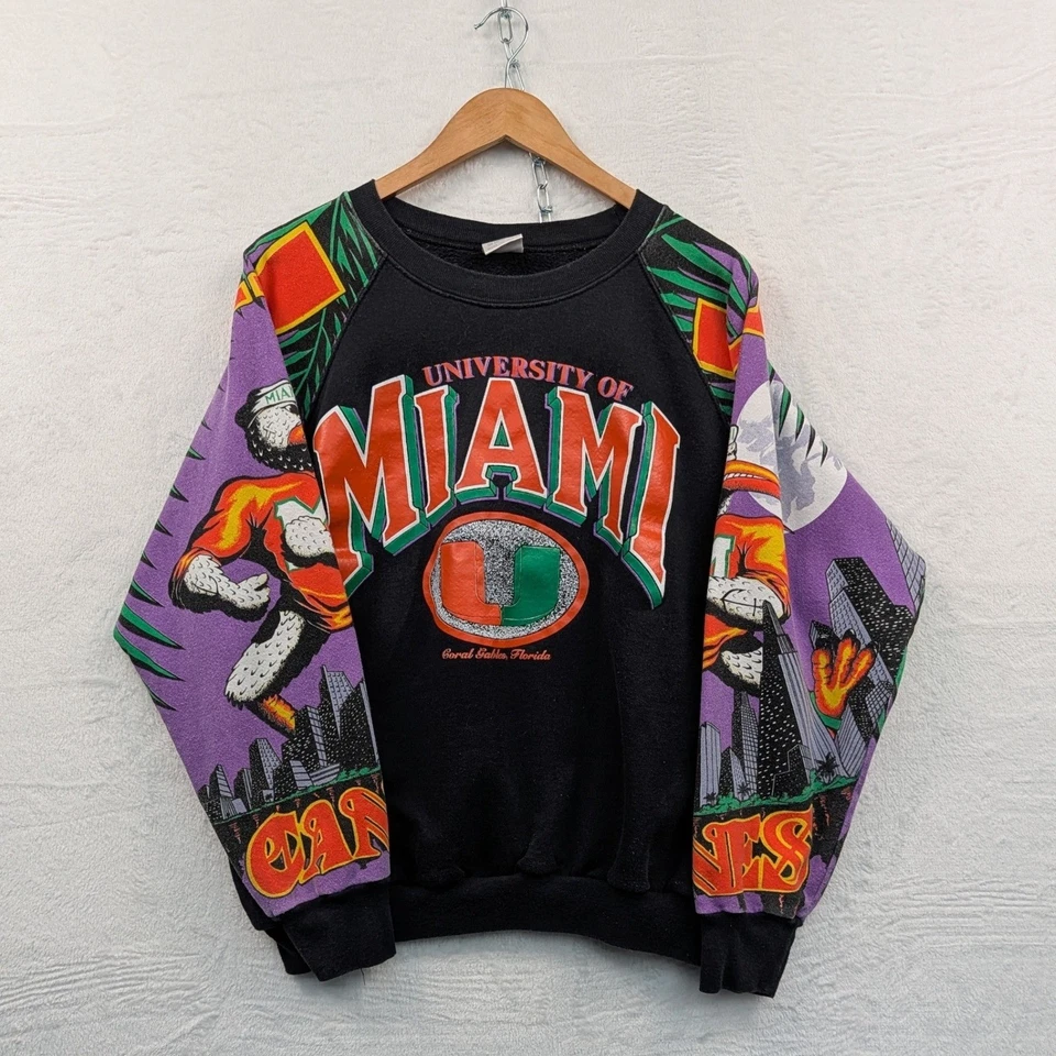 VTG Game Day University Miami Sweatshirt Men XXL Black Hurricanes AOP Mascot 90s - Image 1 of 4