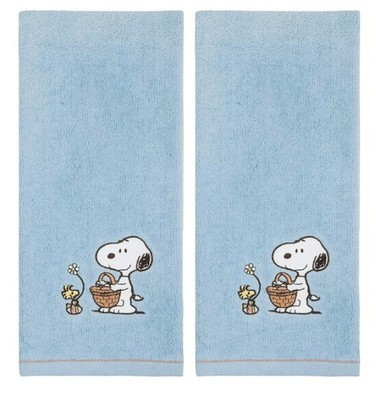 Peanuts Snoopy Easter Hand Towels Set of 2 Blue Cotton Velour Bath Embroidered