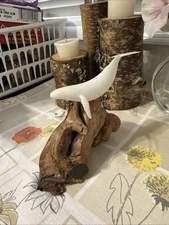 John Perry White Beluga Whale Sculpture Figurine On Burlwood Base Vintage