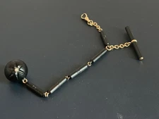 14K YELLOW GOLD POCKET WATCH FOB CHAIN BLACK ONYX BALL W/PEARL