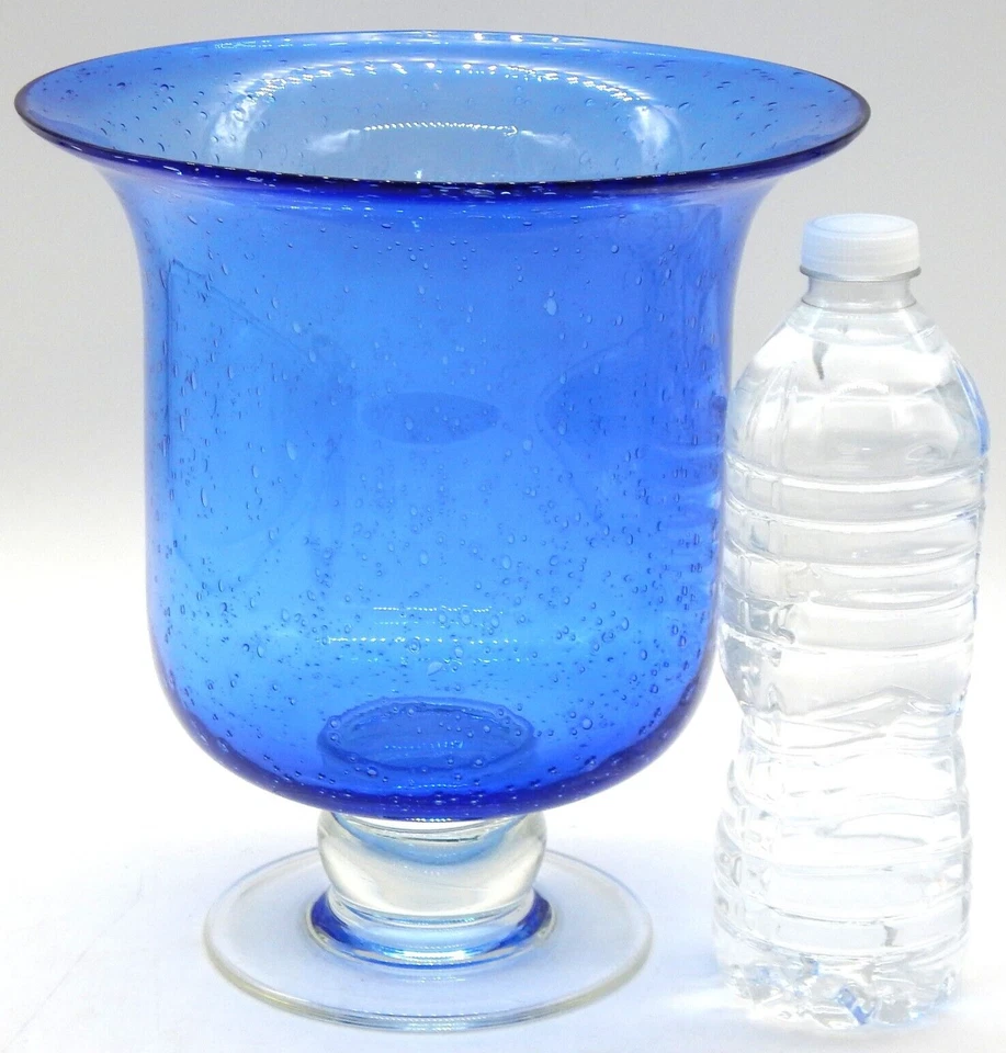 Florero decorativo pedestal borde ancho burbujas de vidrio arte soplado a mano azul cobalto cuenco Foto 2 de 4