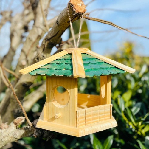 DARLUX Sechseck Holz Vogel Futter Haus XL Futterstelle Hängend Natur/Grün - Bild 2 von 4
