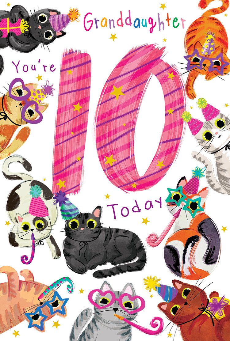 Granddaughter 10th Birthday Card Age 10 Cats 9"" x 6"" Lovely Verse