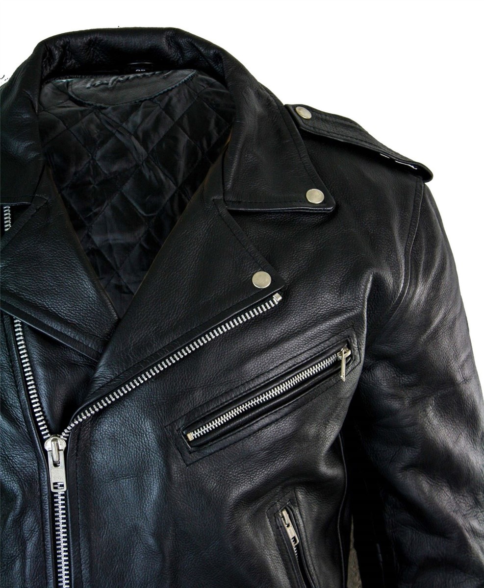 Mens Cow Hide Original Cross Zip Brando Biker Motorcycle Real